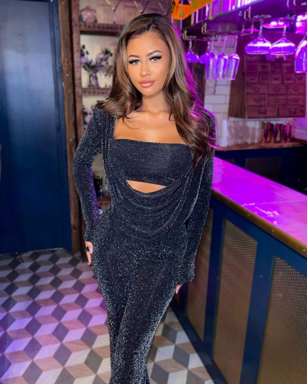 Black Glitter Lurex Extreme Drape Top & Trouser Co Ord - Image 2