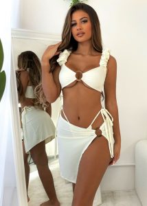 Ruffle Shoulder Tortoise Shell O Ring Bikini & Skirt Set in Cream