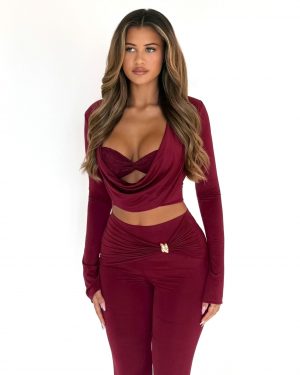 long sleeve cowl draped top burgundy