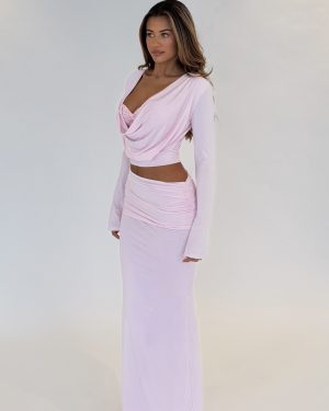 Celine Fold Over Maxi Skirt in Baby Pink