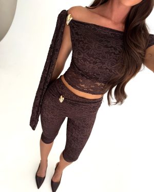Chocolate Lace Tie Shoulder Top